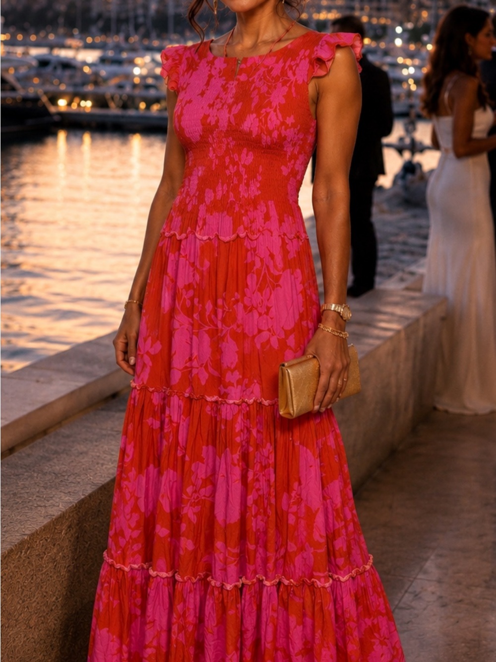 Smocked Floral Maxi Dress in Pink & Red